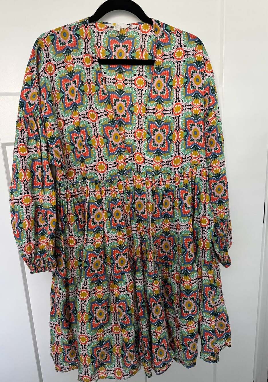 Boden Tiered Mini Dress US 8R Multicolored Geometric V-Neck Long Sleeve
